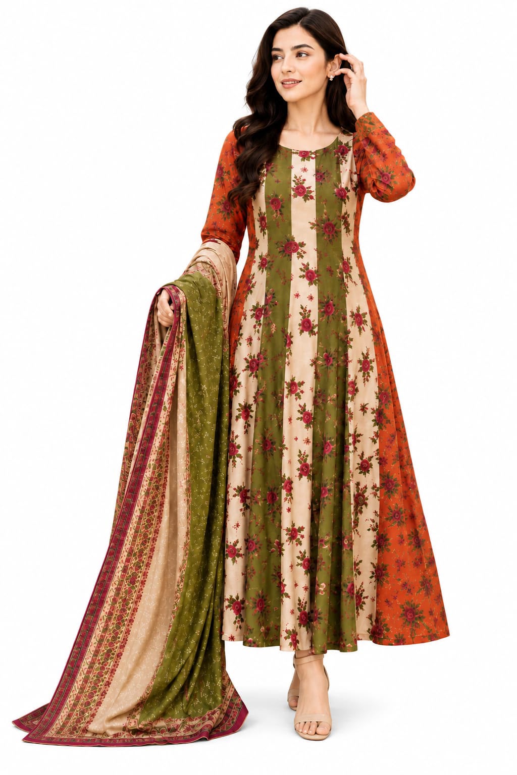 Olive Floral Panel Anarkali Maxi – 2 Piece