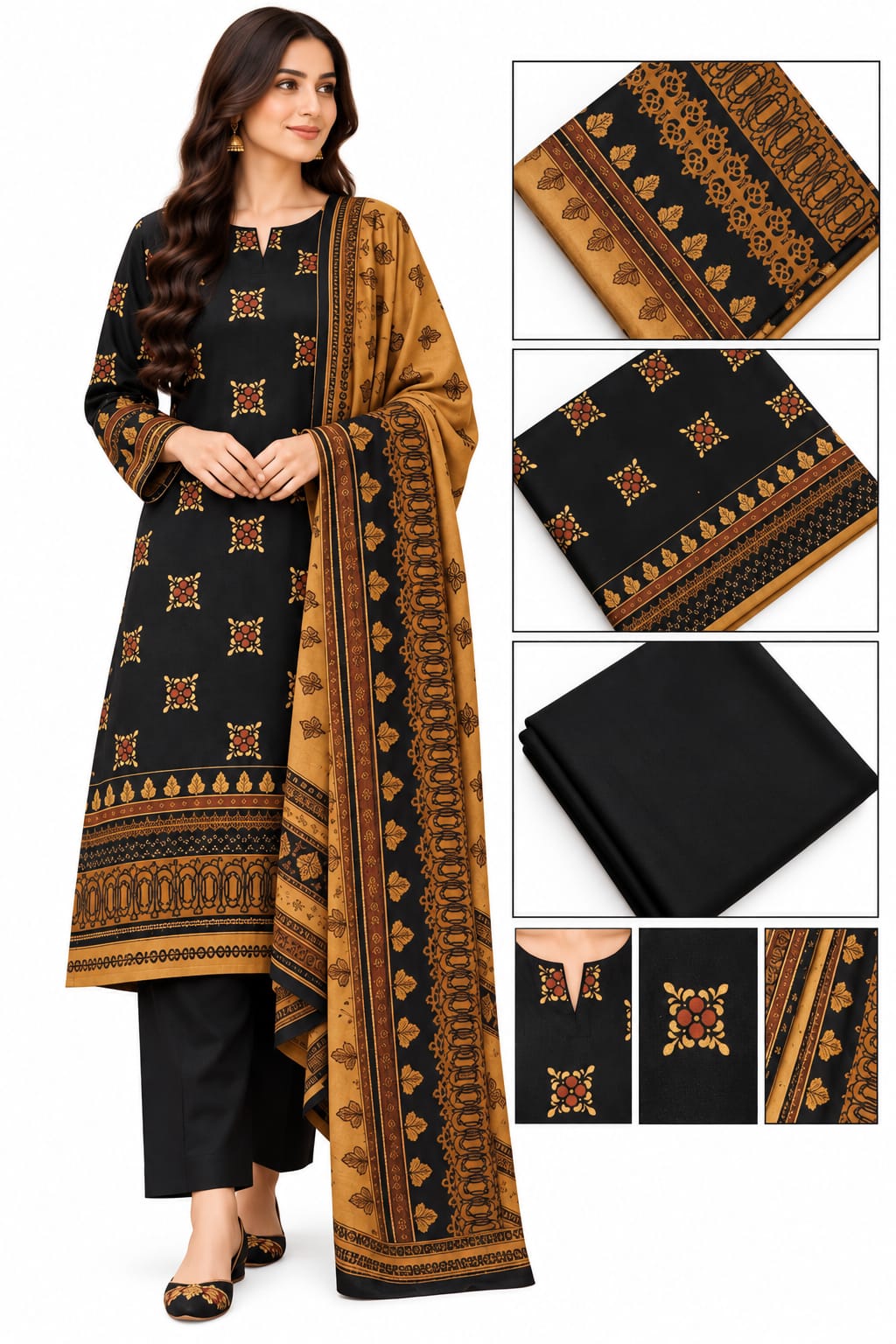Black Mustard-Print Khaddar Suit – Unstitched 3 Piece