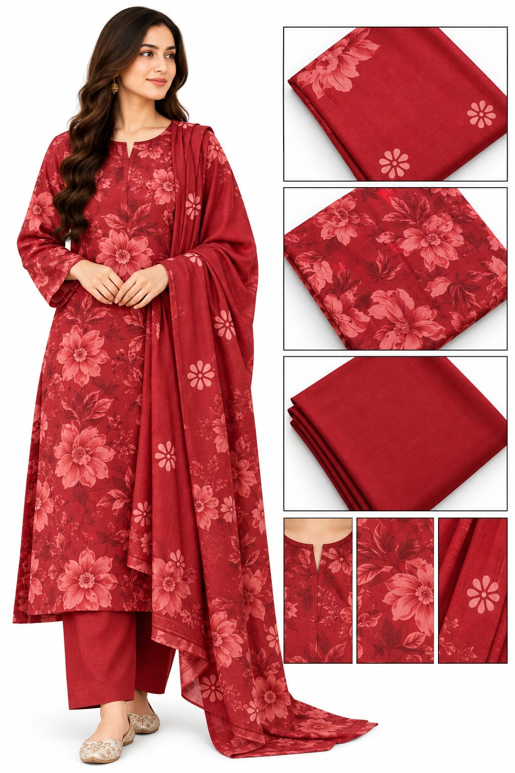 Red Floral Khaddar Suit – Unstitched 3 Piece