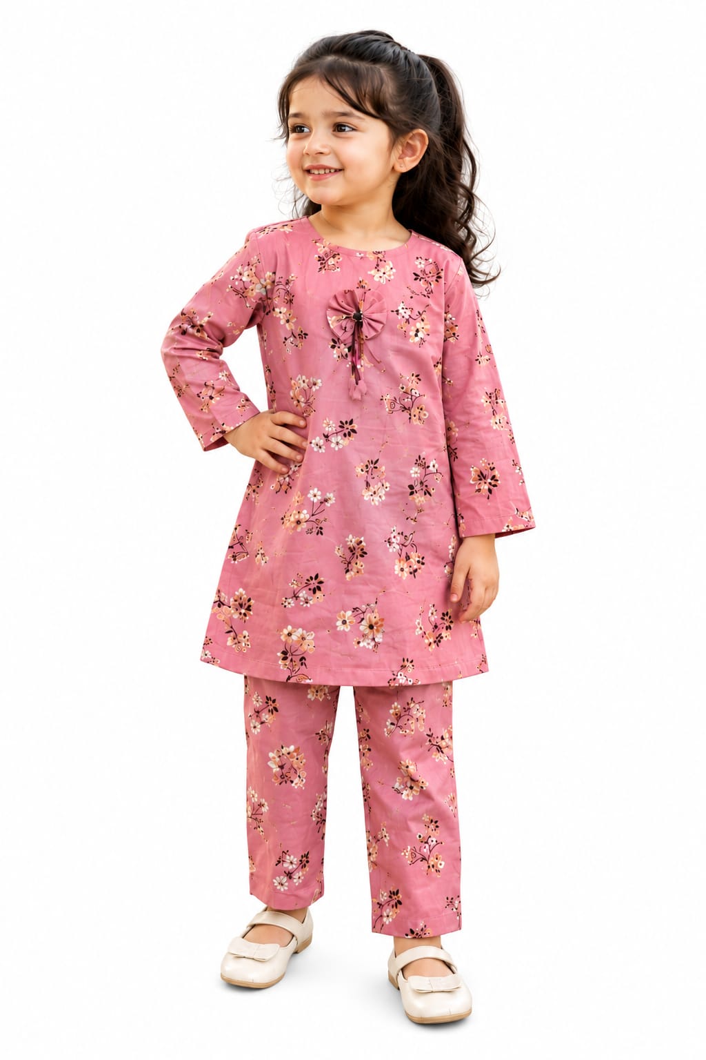 Pink Floral Bow Top Pants Set – Girls 2 Piece