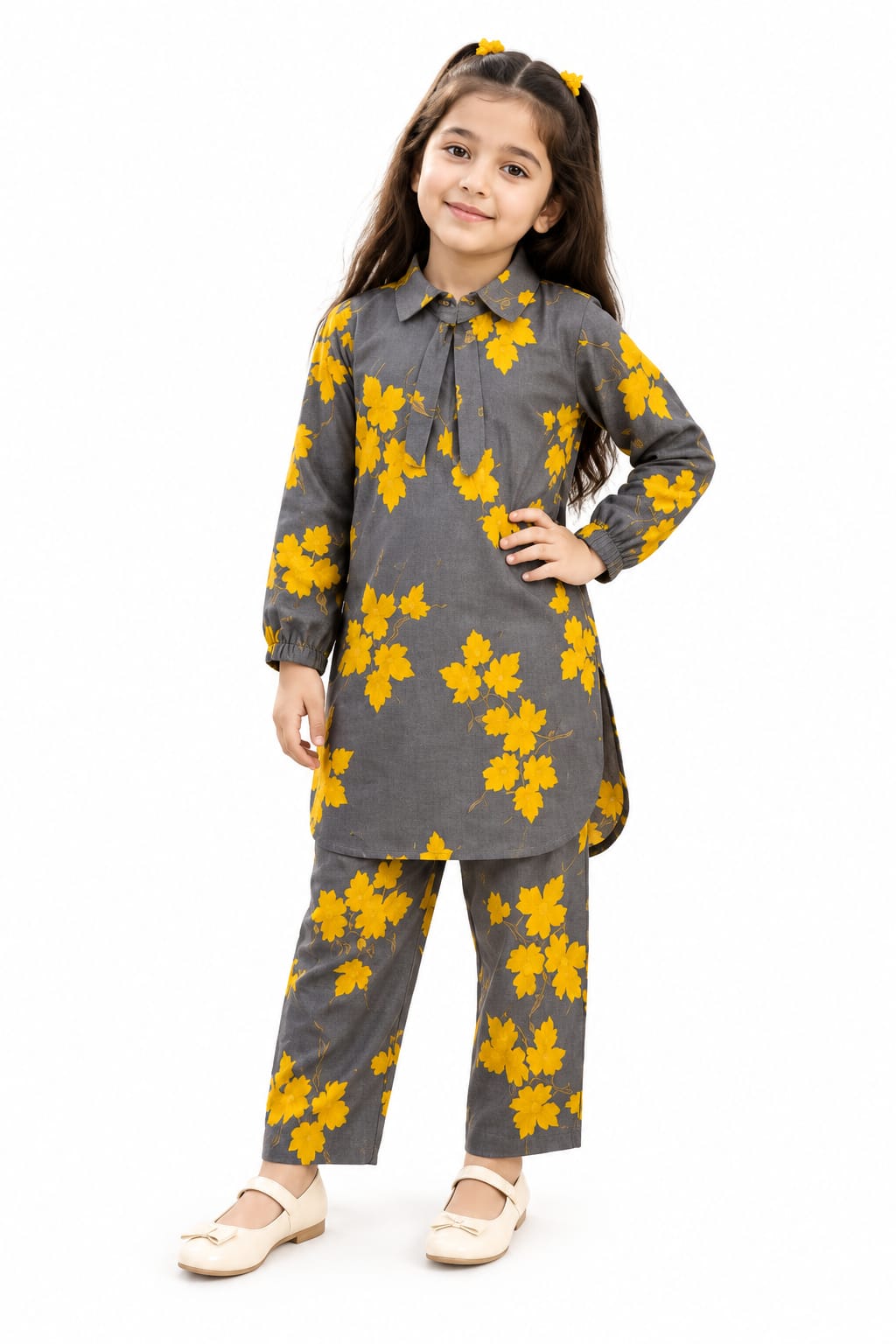 Grey Yellow Floral Collared Tunic Pants Set – Girls 2 Piece