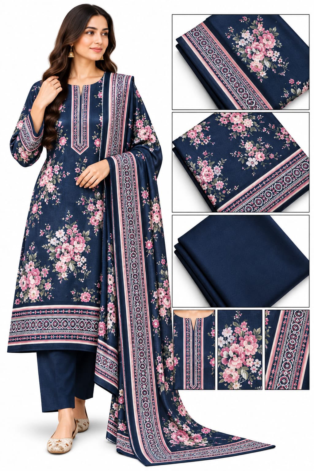 Navy Blue Floral Print Khaddar Suit — Unstitched, 3-Piece