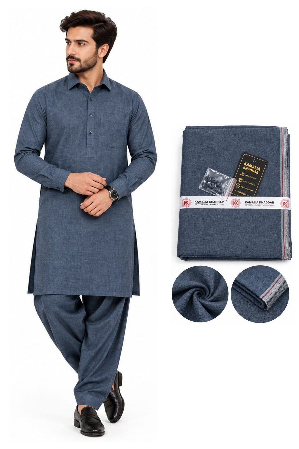 Kamalia Khaddar Steel Blue Unstitched Kurta Shalwar Fabric