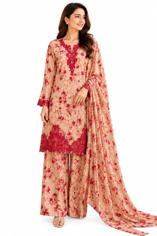 Beige Floral Embroidered Suit with Palazzo – 3 Piece