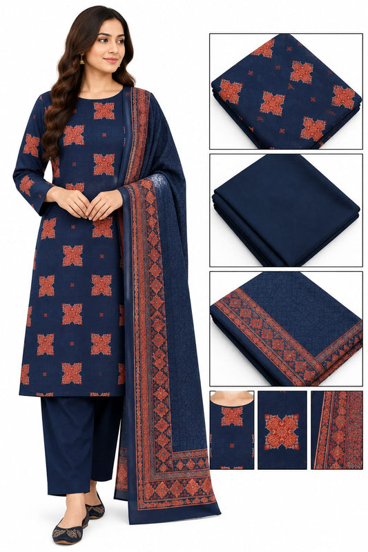 Navy Blue Traditional Print Khaddar Suit – Unstitched 3 Piece