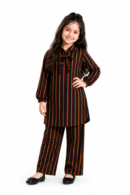 Black Multicolour Stripe Tie-Neck Tunic Pants Set – Girls 2 Piece