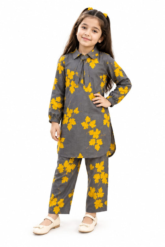 Grey Yellow Floral Collared Tunic Pants Set – Girls 2 Piece