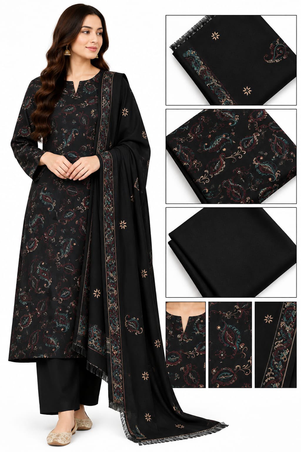 Black Paisley Print Khaddar Suit — Unstitched, 3-Piece
