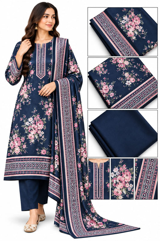 Navy Blue Floral Print Khaddar Suit — Unstitched, 3-Piece