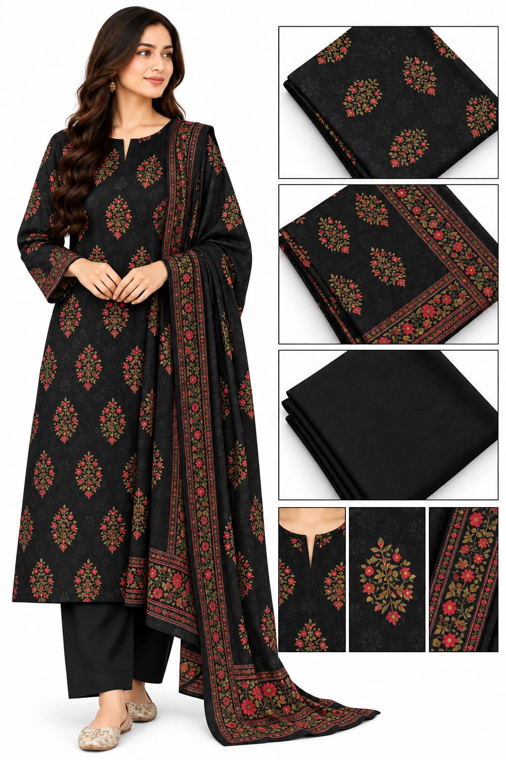 Black Floral Print Khaddar Suit — Unstitched, 3-Piece