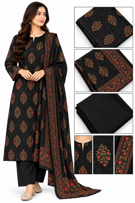 Black Floral Print Khaddar Suit — Unstitched, 3-Piece