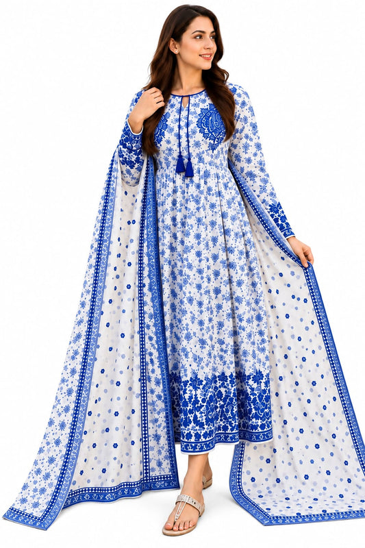 Blue & White Floral Print Maxi Dress — Stitched, 2-Piece
