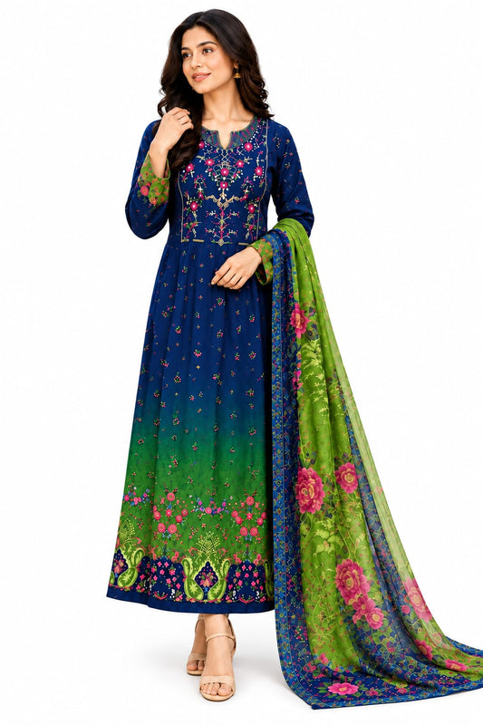 Navy to Green Ombre Embroidered Maxi Dress — Stitched, 2-Piece
